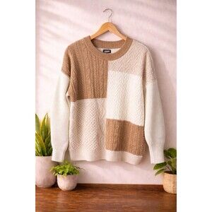 LANDS END Cream/Tan Color Block Cable Knit Sweater | Women's Medium
